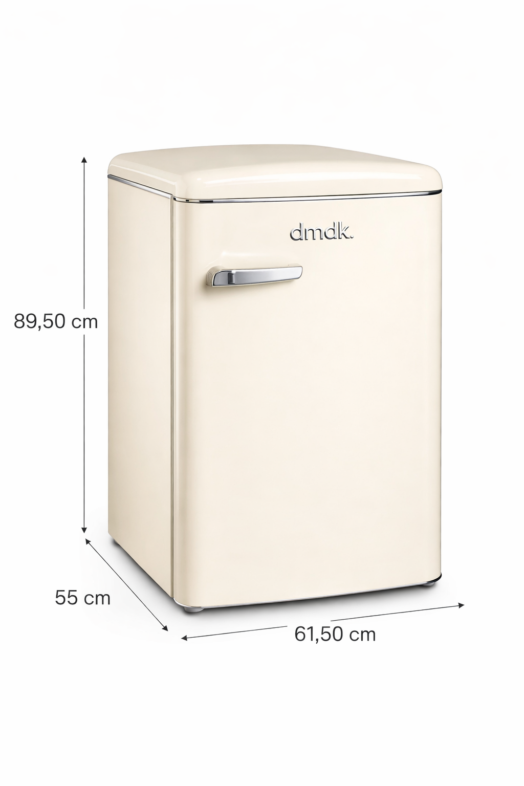 A cream-colored, retro-style refrigerator with a silver handle.