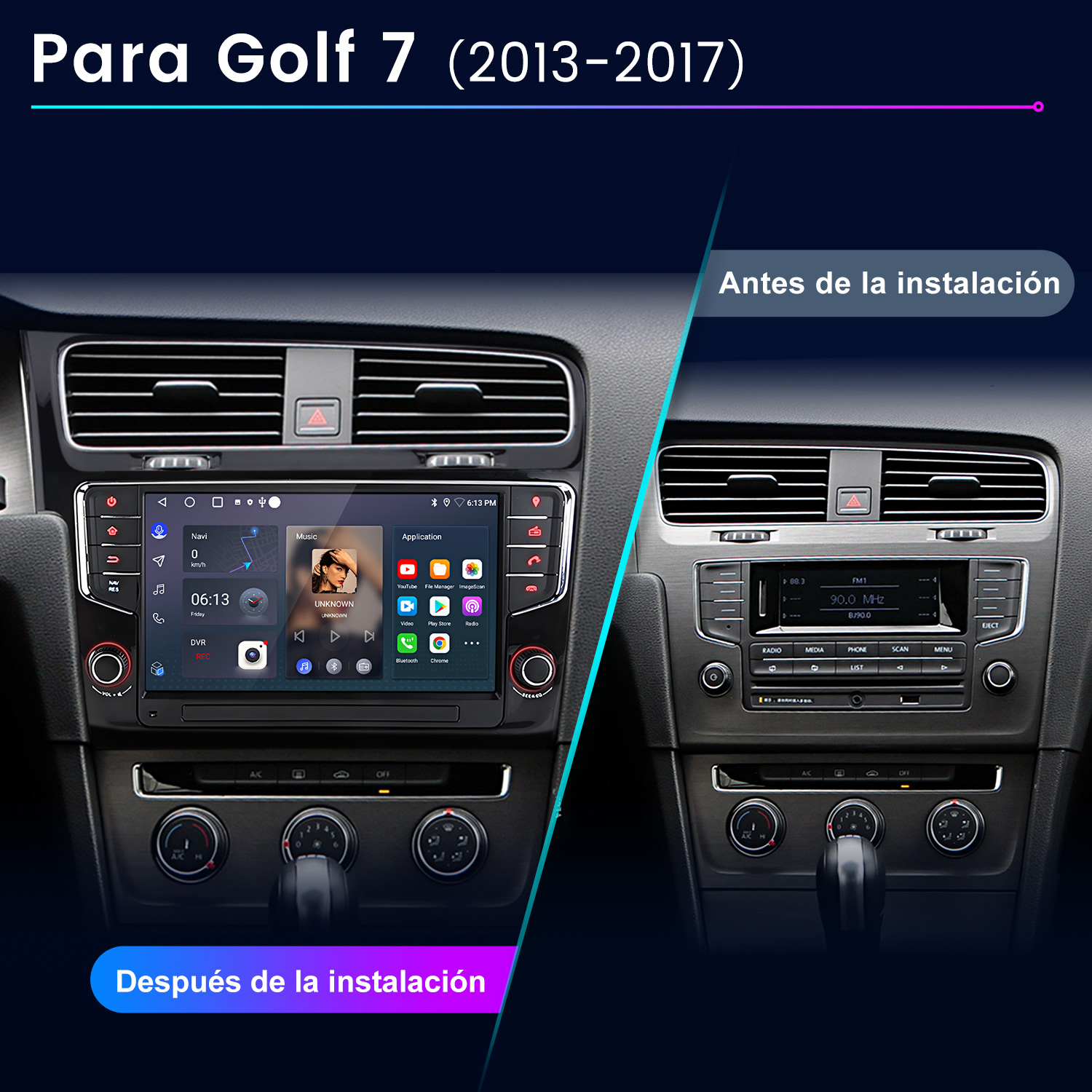 Comparación antes/después del salpicadero de un Golf 7 con sistema de infoentretenimiento actualizado.