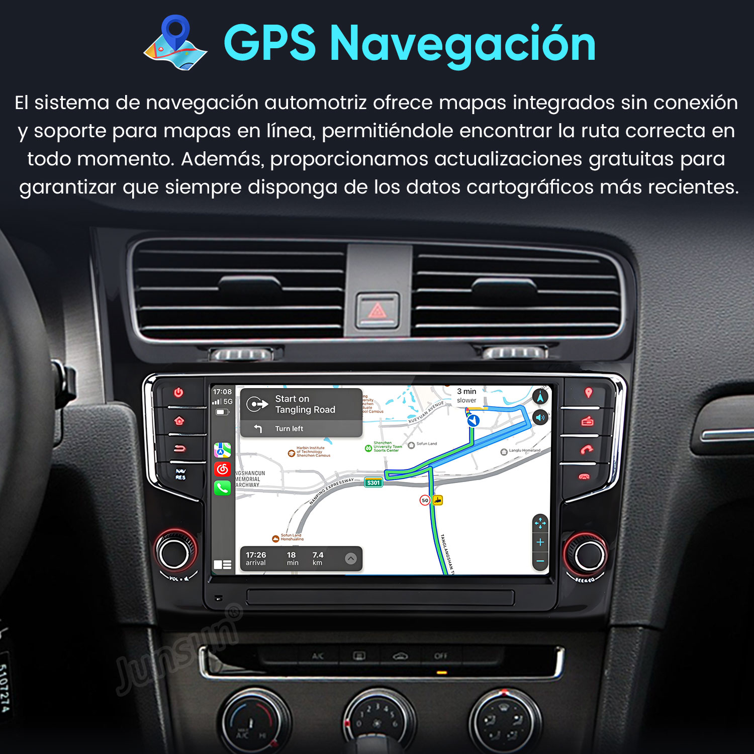 Sistema de navegación de coche mostrando un mapa con ruta, hora e información de distancia.