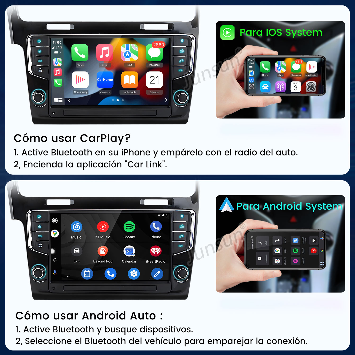Sistemas de infoentretenimiento para coche para iOS CarPlay y Android Auto, mostrando interfaces.