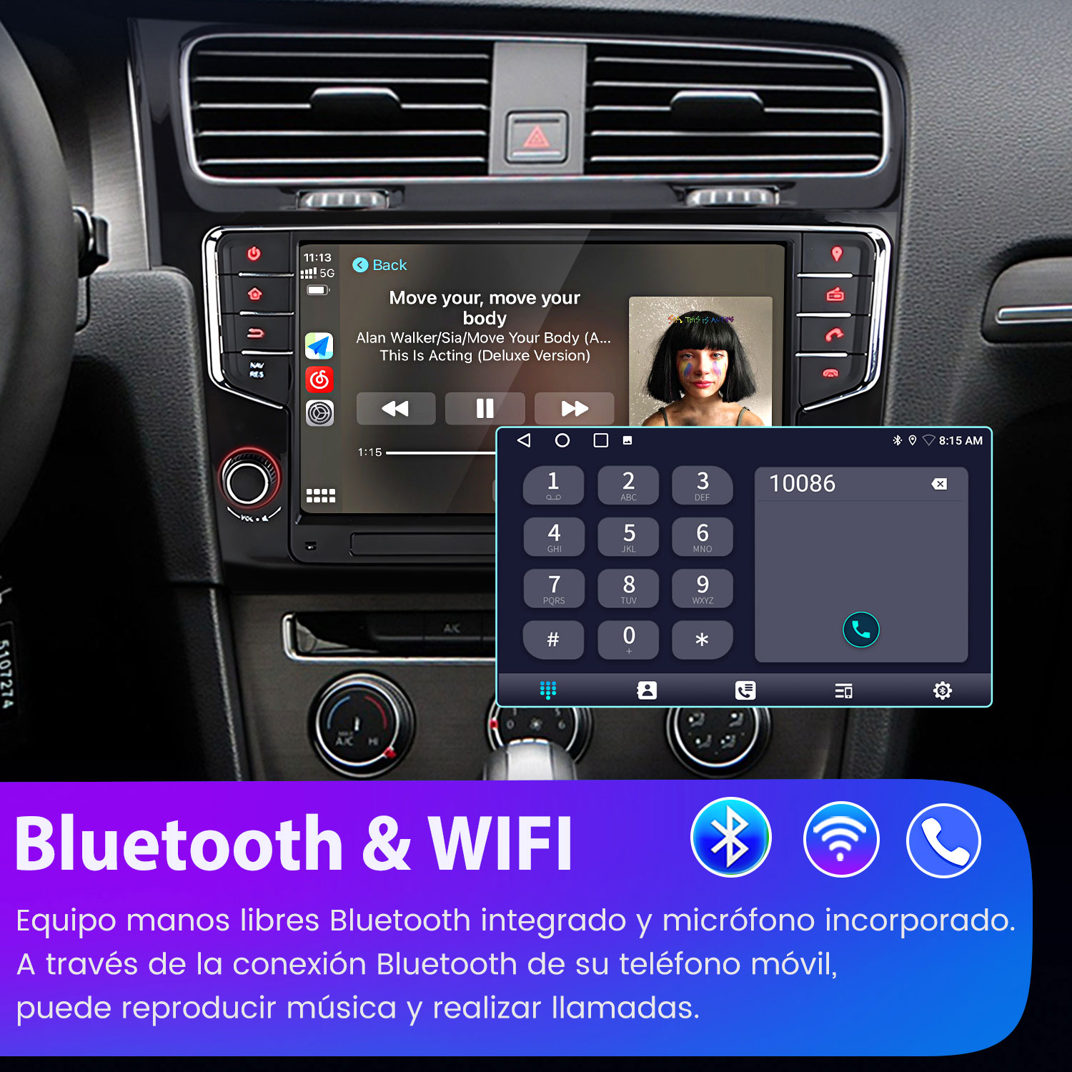 Sistema de infoentretenimiento del coche mostrando música y teclado.