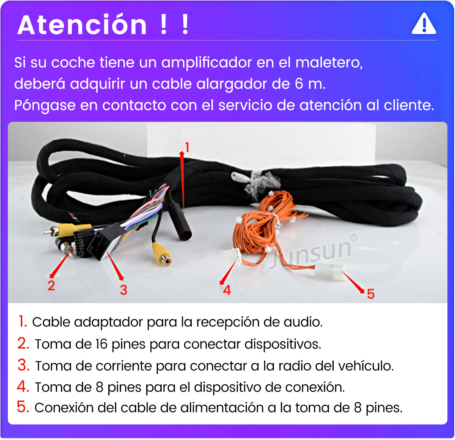 Arnés de cableado con varios conectores y enchufes, numerados del 1 al 5.