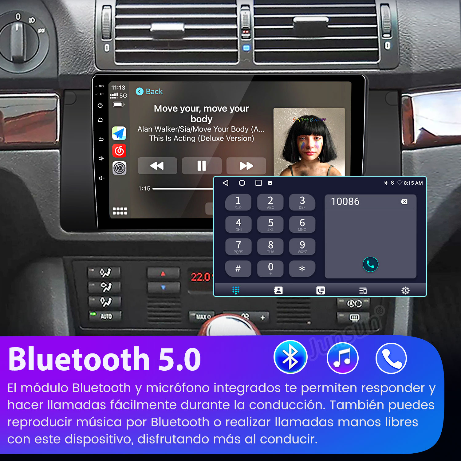 Pantalla del coche muestra reproducción de música y teclado numérico con el número 10086.