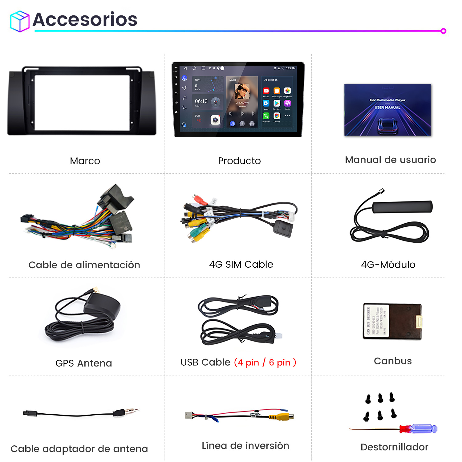 Una collage de accesorios para autorradios: marco, pantalla de radio, manual, cables, antenas y herramientas.