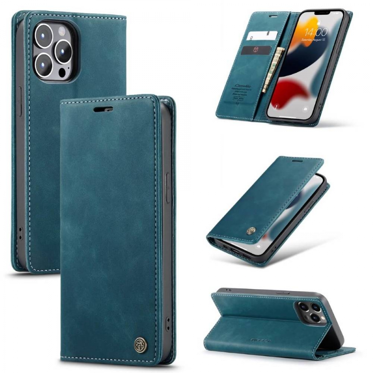 Blauer Leder-Flip-Case für iPhone mit Kartenfächern und offenem Bildschirm.