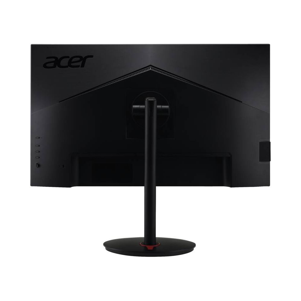 Tył czarnego monitora Acer na stojaku.