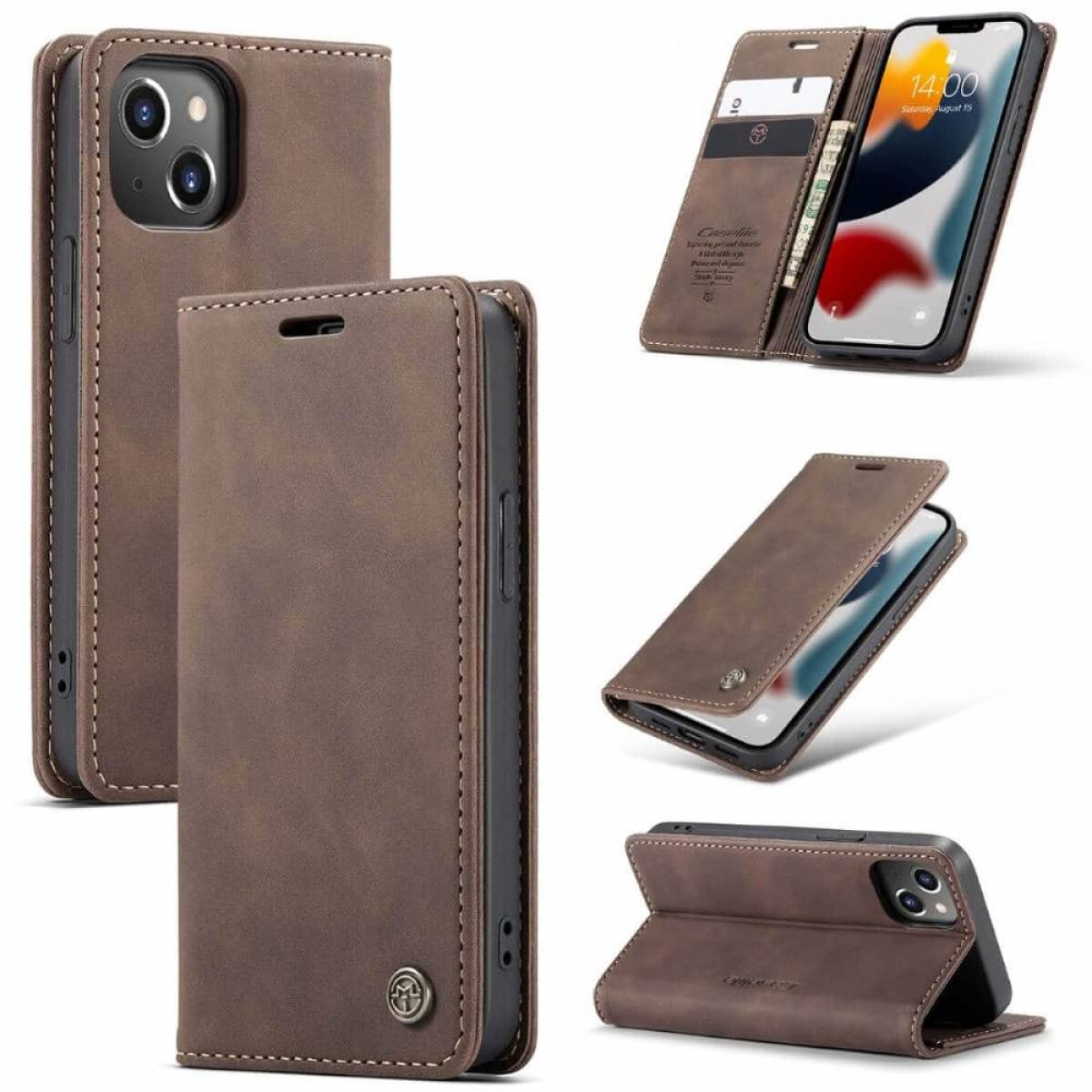 Braune Lederhülle für ein Smartphone mit Kartenfächern und geöffneter Vorderseite.