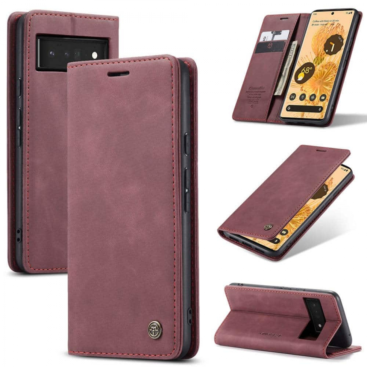 Rotes Leder-Handyhülle mit Kartensteckplätzen und Ständerfunktion, zeigt ein Smartphone.