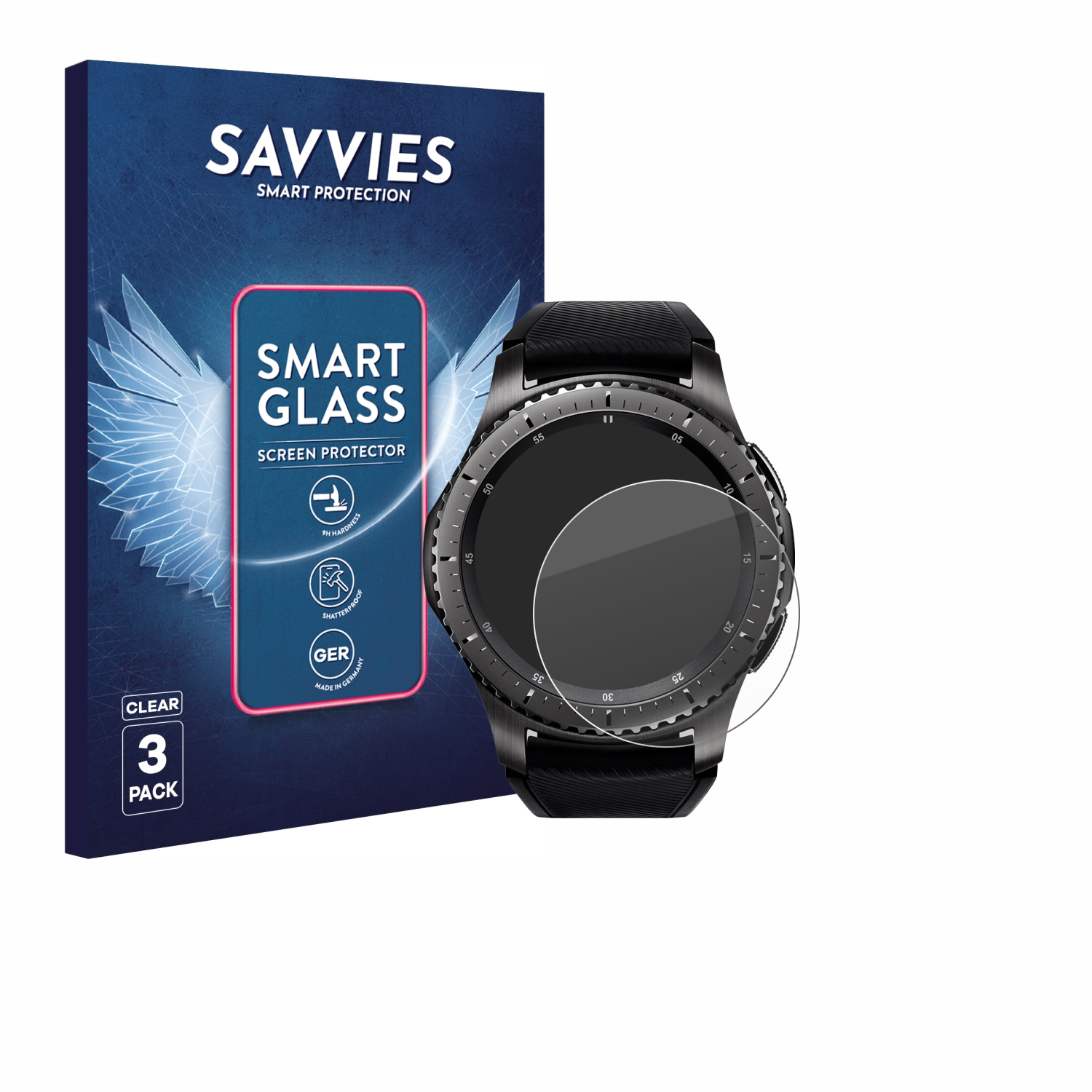 Savvies Smart Glass Displayschutzfolien-Verpackung neben einer schwarzen Smartwatch.