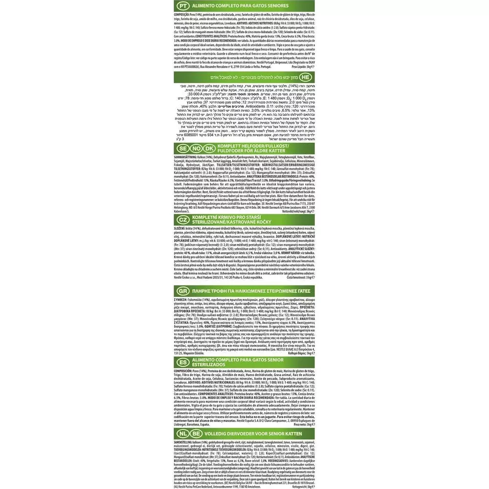 Ein Futterpaket mit Texten in mehreren Sprachen, darunter Portugiesisch, Hebräisch, Schwedisch, Tschechisch, Griechisch, Spanisch und Niederländisch.