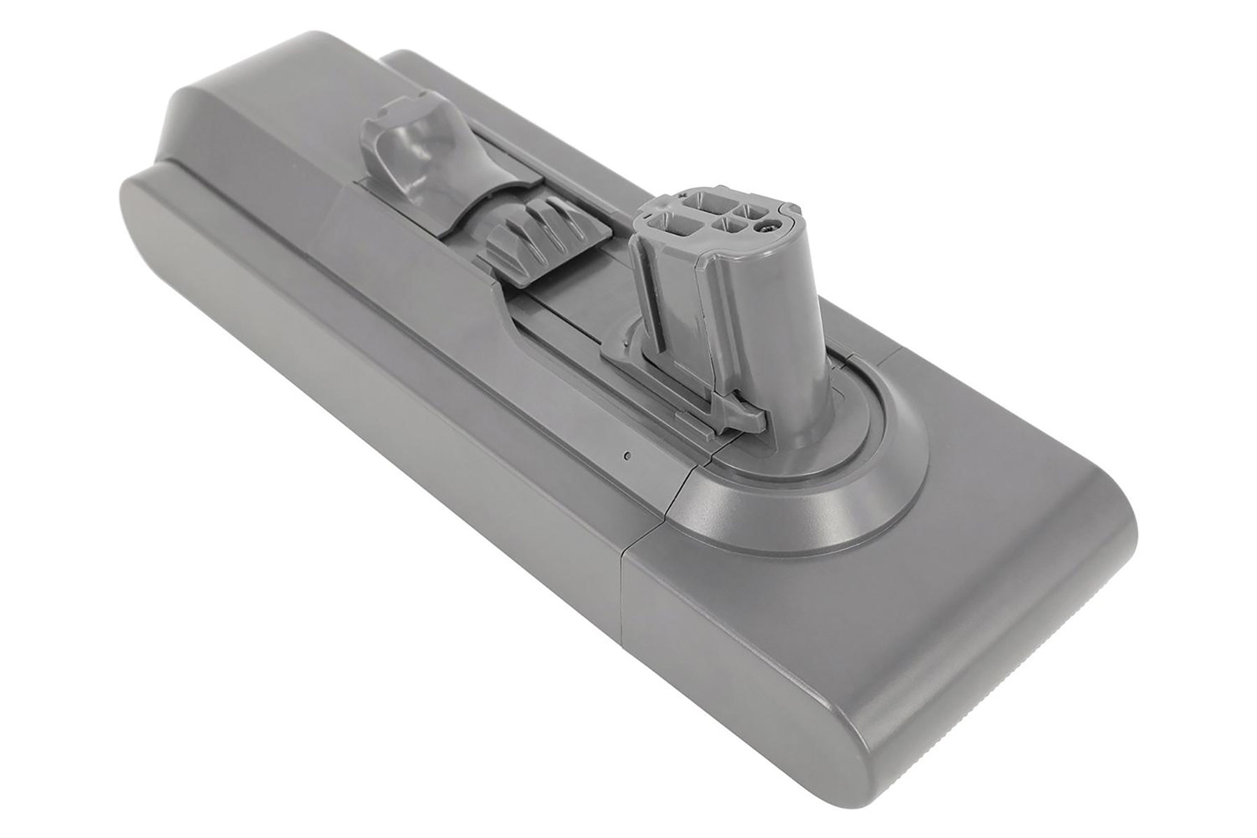 Batteria Dyson grigia con fermo e connettori, isolata su bianco.