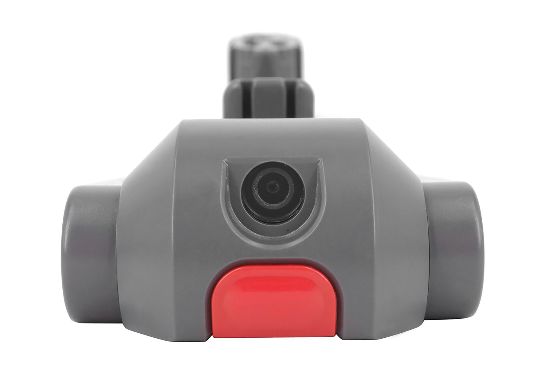 Dispositivo grigio con pulsante rosso e lente.