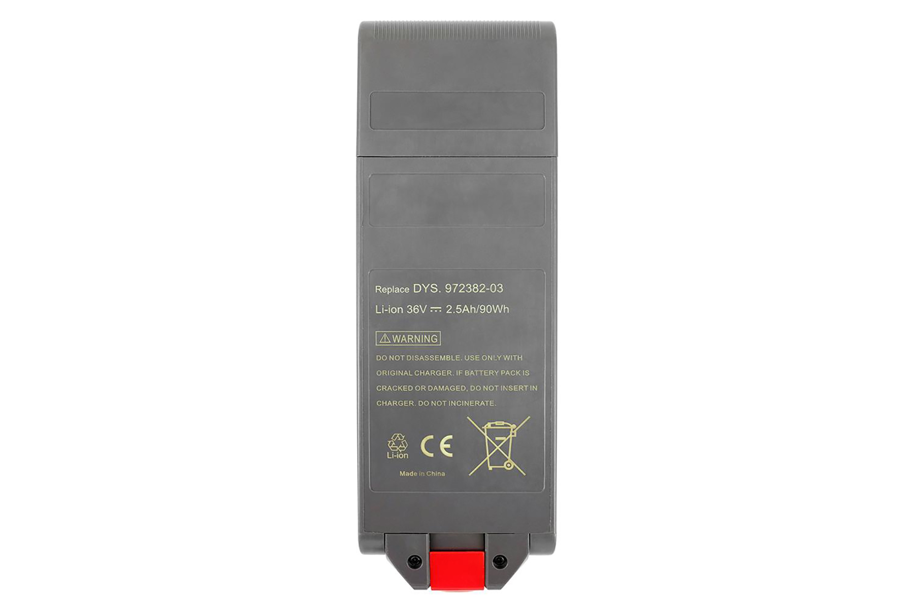 Batteria grigia con avvisi e specifiche. Li-ion 36V 2.5Ah 90Wh.