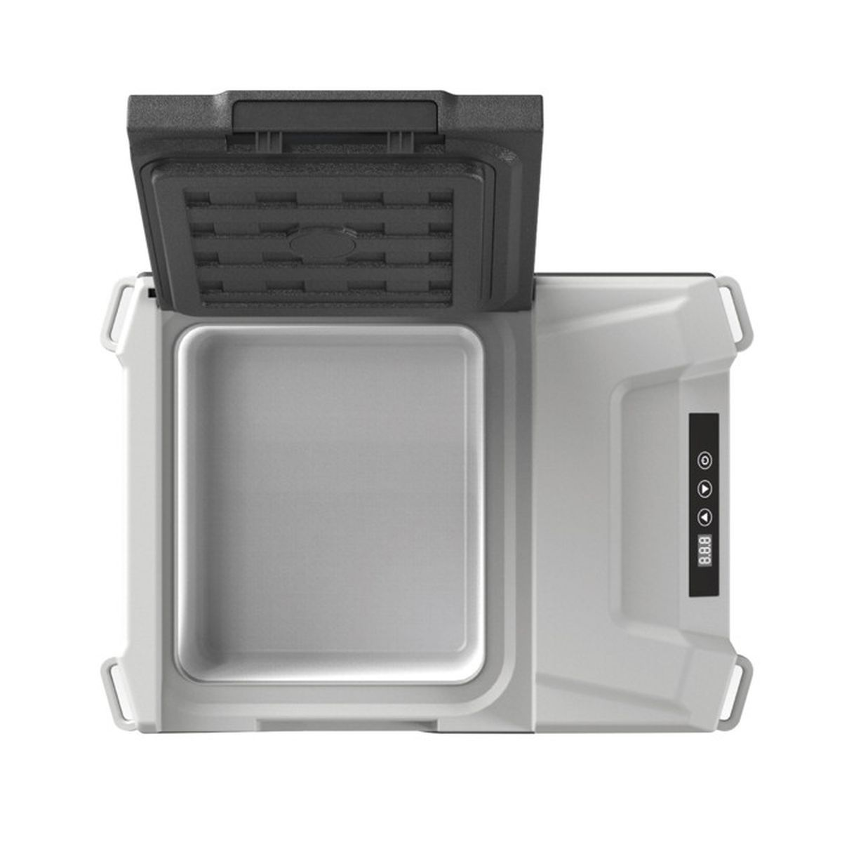 Ein offener weißer Kühlschrank mit schwarzem Deckel und digitalem Display.