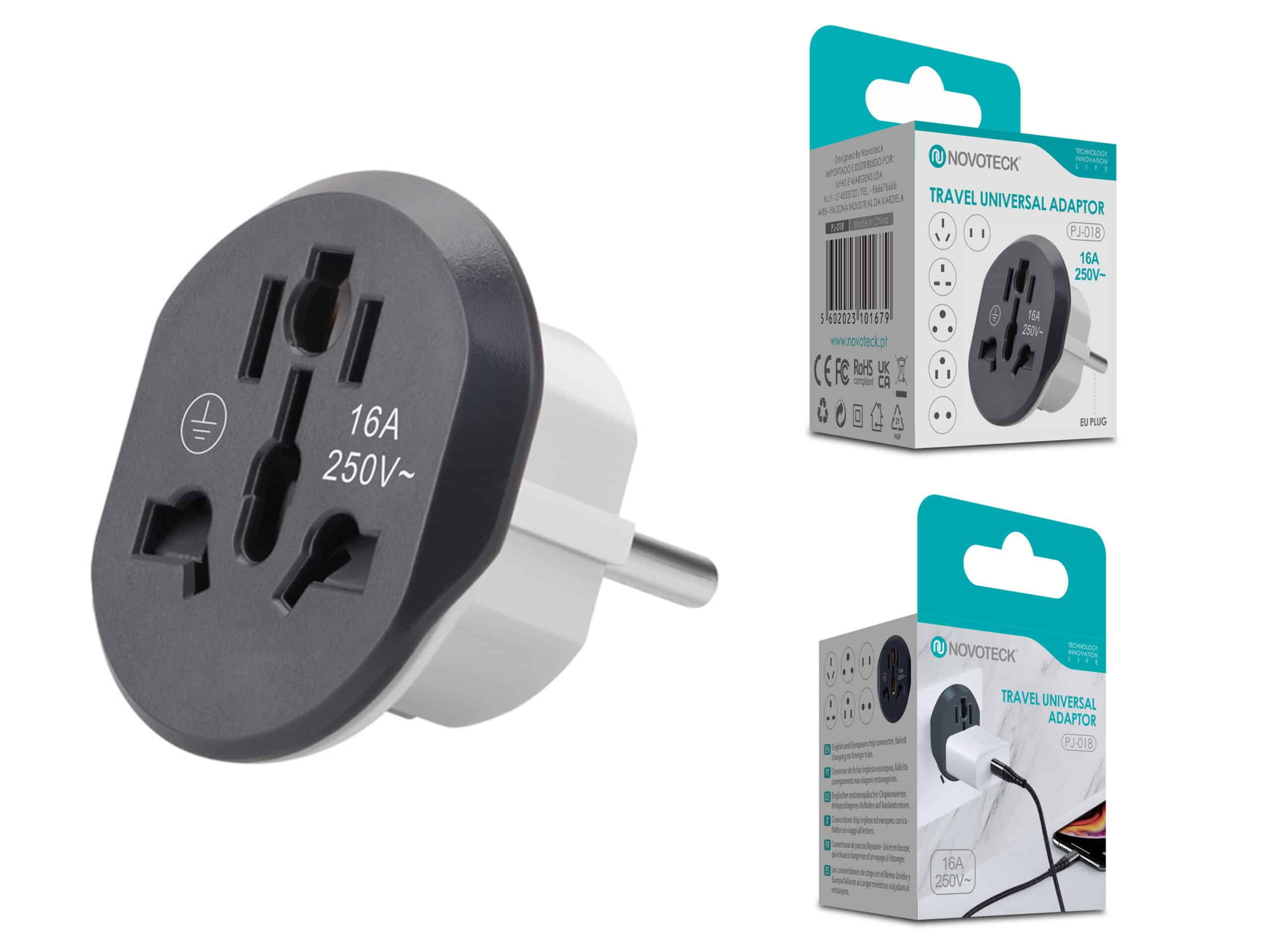 Un adaptador de viaje gris multiconector con enchufe de la UE.