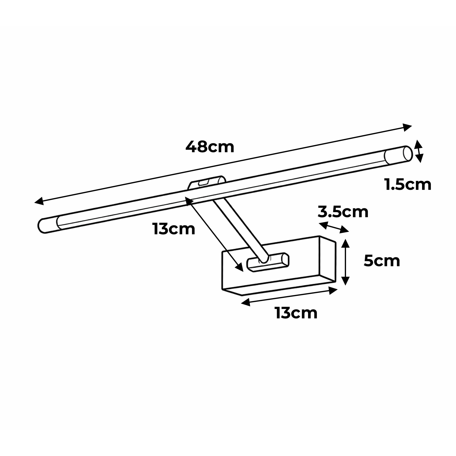 Dibujo técnico de una lámpara con dimensiones: 48cm, 13cm, 3.5cm, 5cm, 1.5cm.