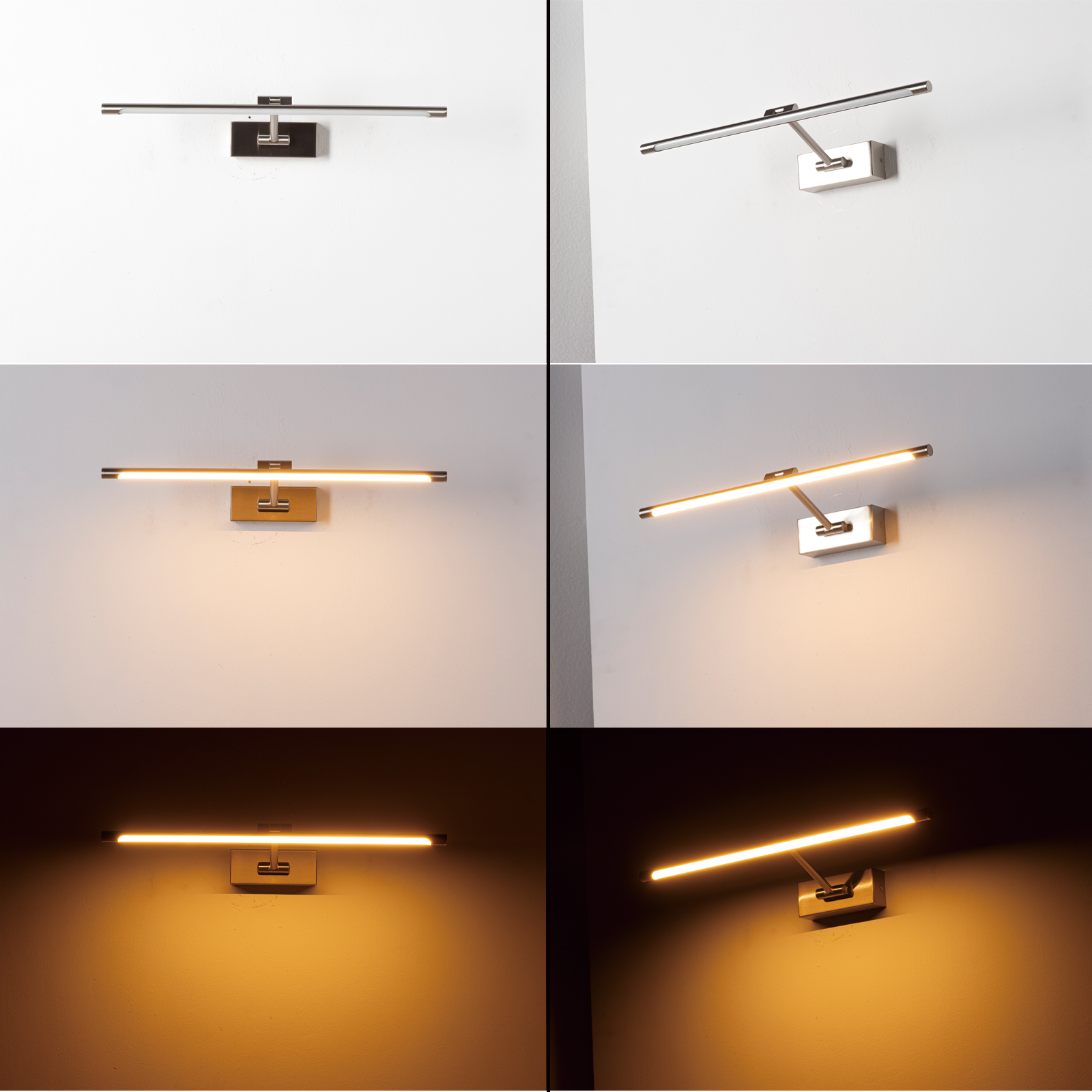 Una lámpara de pared moderna con marco de metal plateado y luz LED integrada.