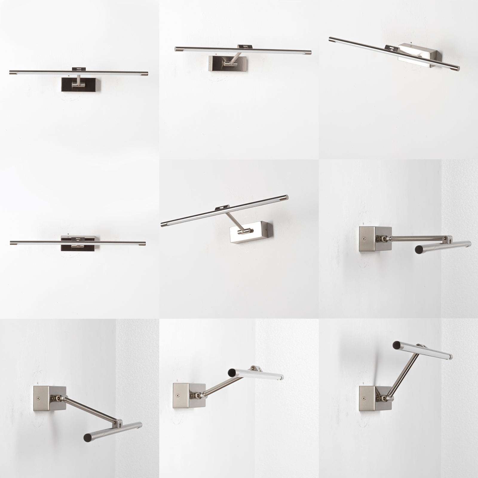 Una lámpara de pared giratoria con brazo de metal plateado y barra LED.