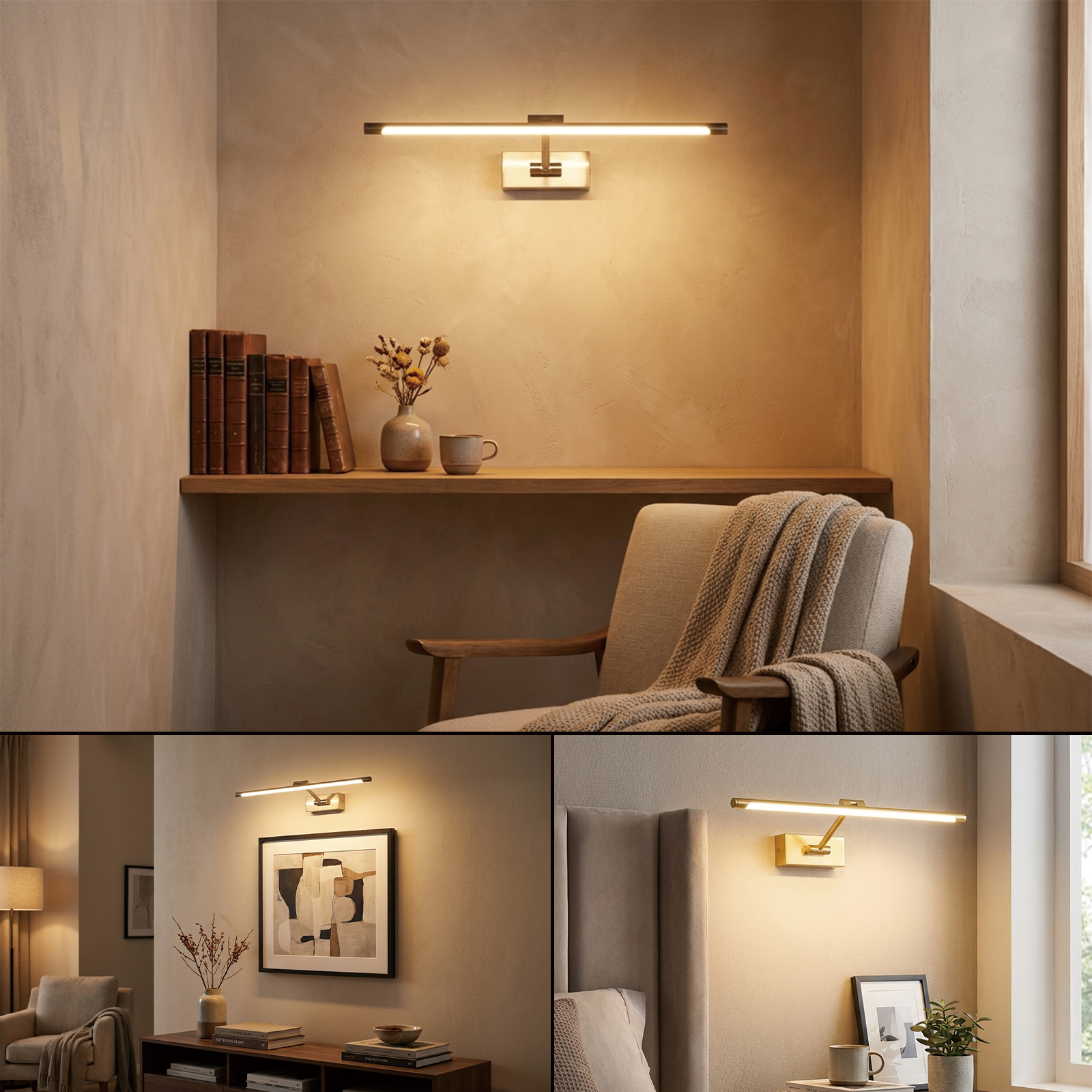Un set de iluminación con tres imágenes: un escritorio, un sillón y una mesita de noche.