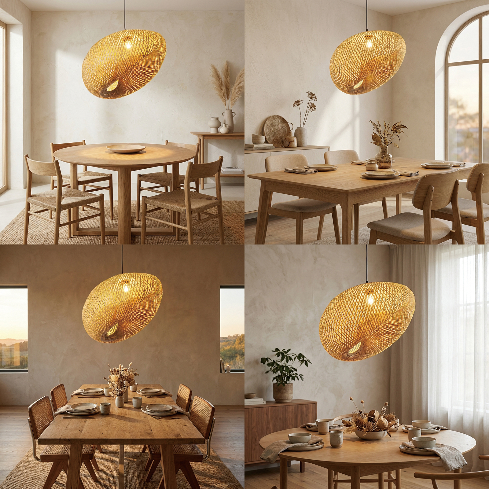 Comedor con mesa de madera, sillas y lámpara colgante tejida.