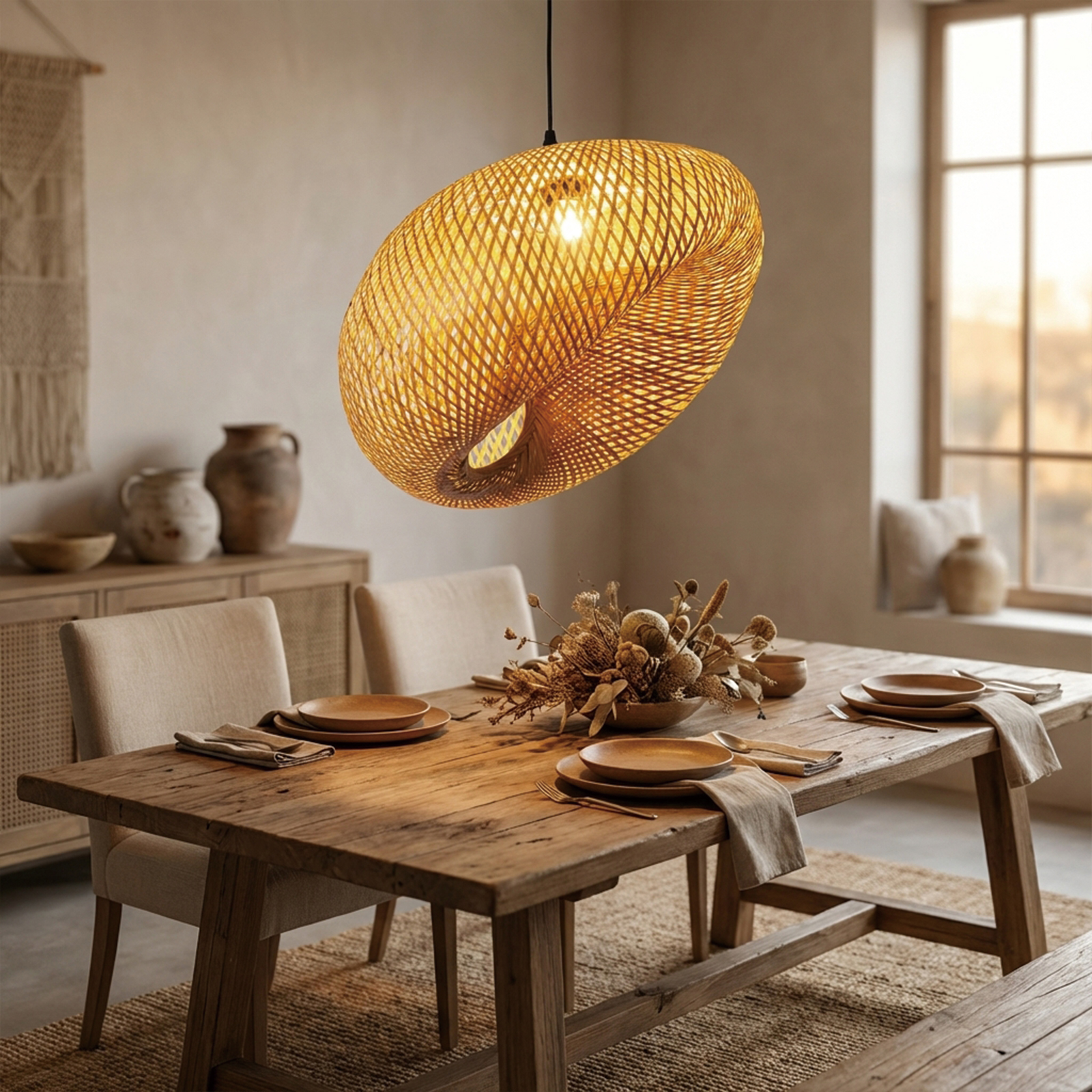 Una mesa de comedor de madera con servicio, sillas y una lámpara colgante tejida.