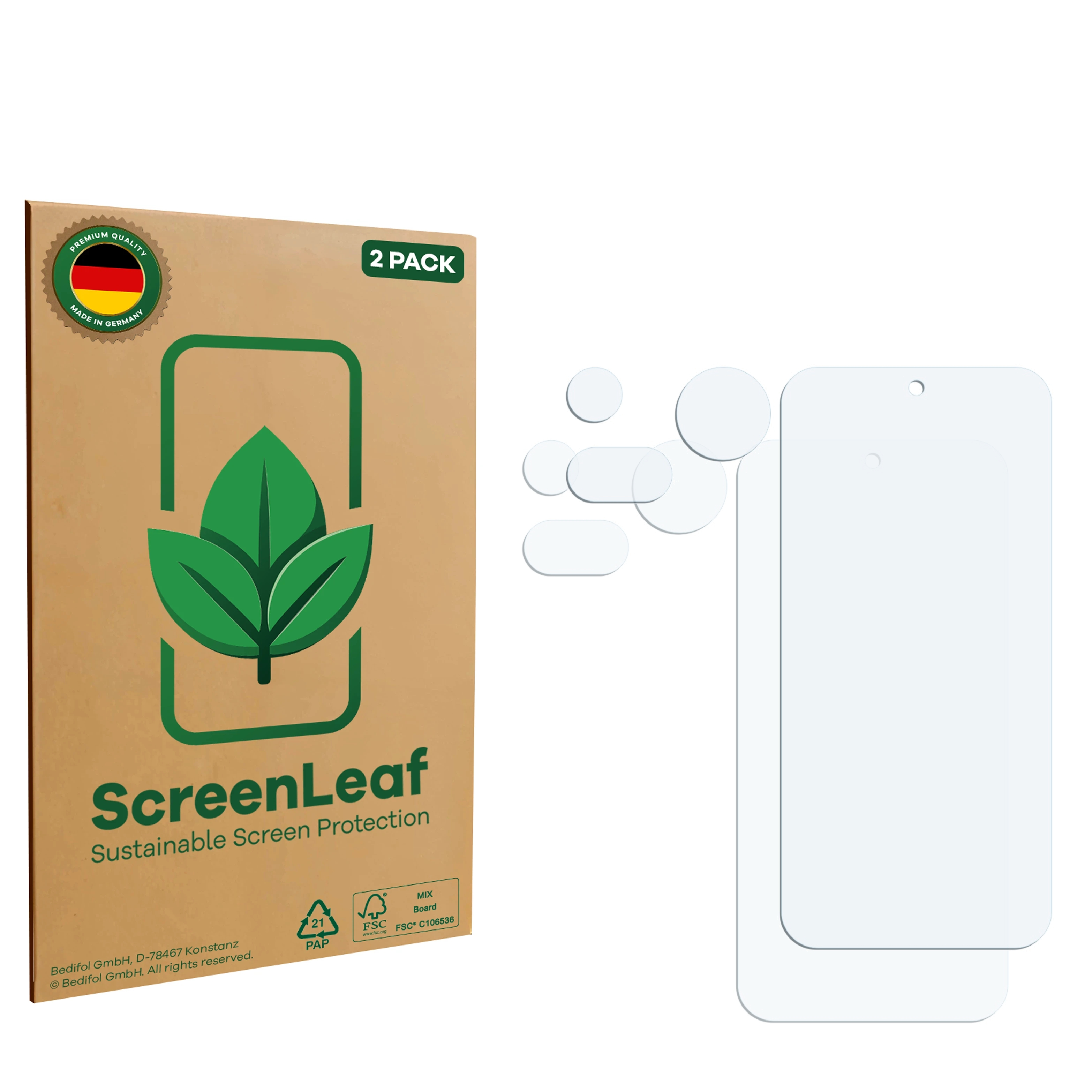 Zwei Schutzfolien für Bildschirme auf einer braunen Packung mit Blattlogo.