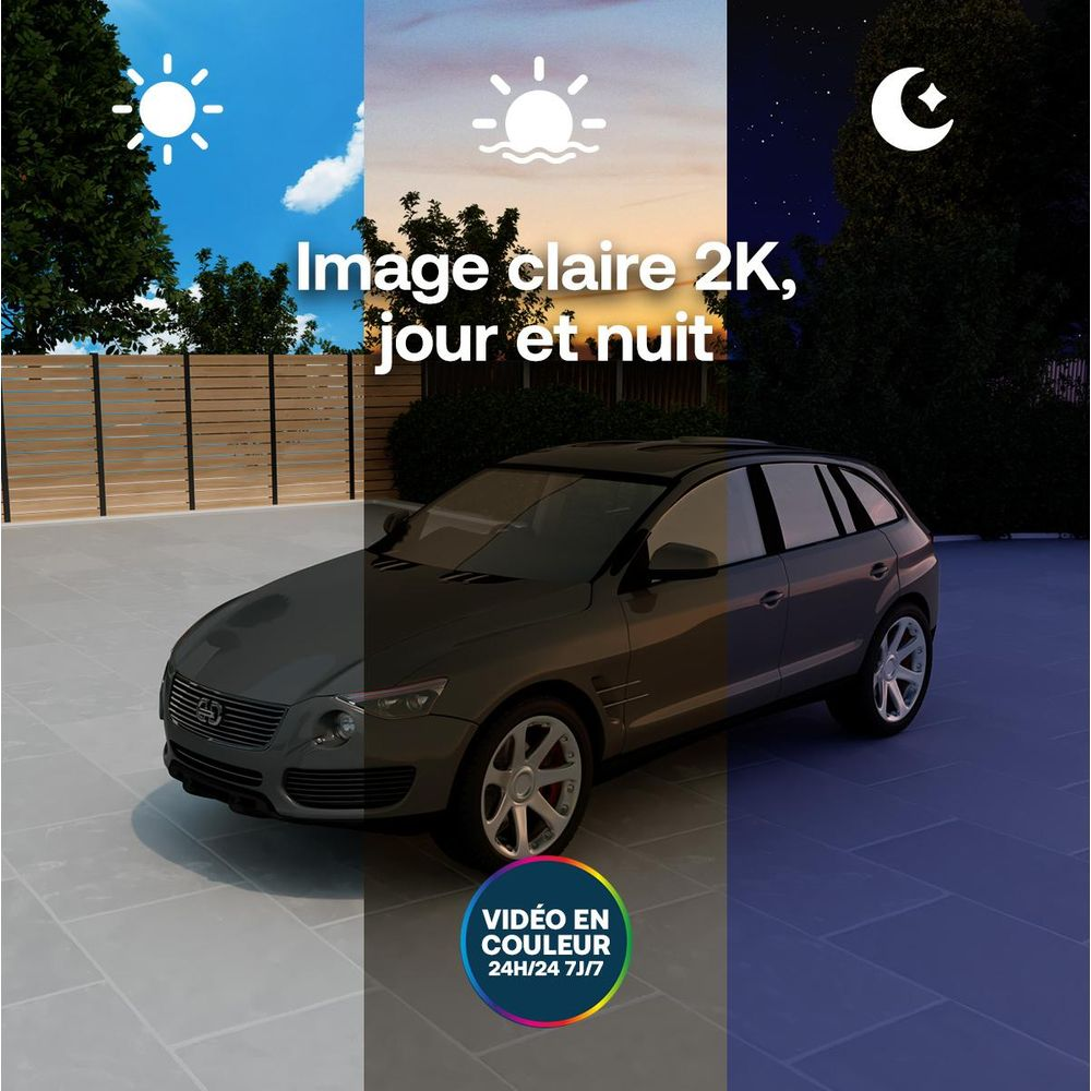 Une voiture est montrée de jour comme de nuit, avec une image claire 2K.