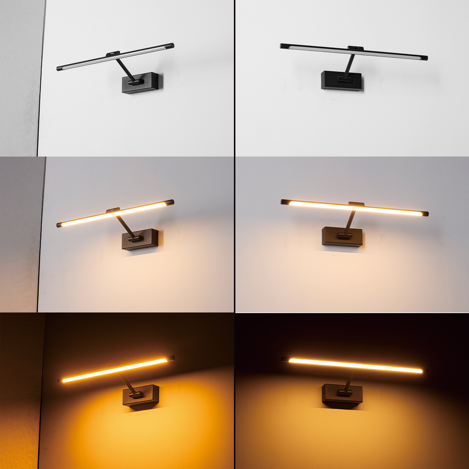 Aplique de pared moderno negro con brazo ajustable y barra de luz larga, en pared blanca.
