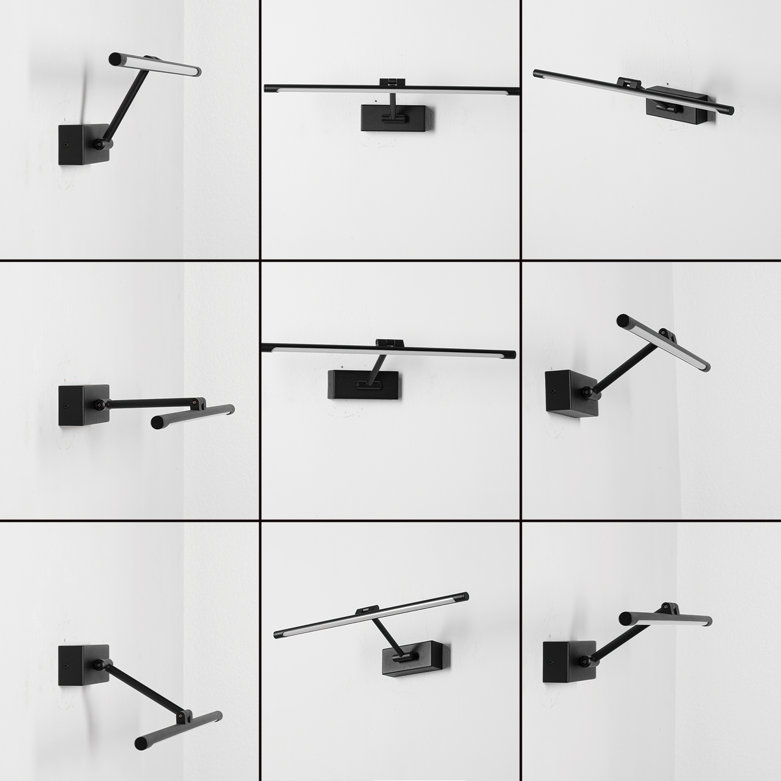Un aplique de pared negro con brazo giratorio y luz LED ilumina una pared blanca.
