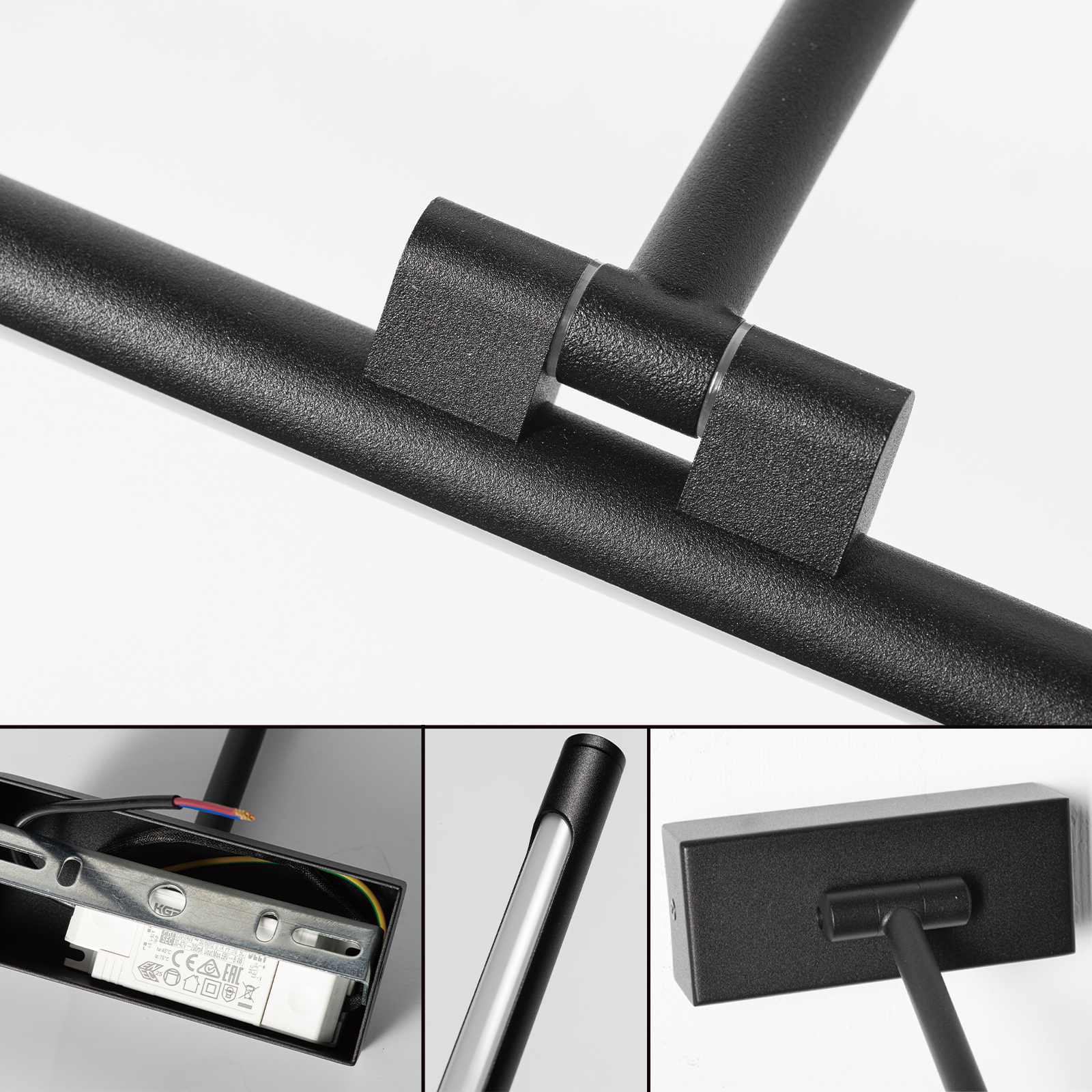 Primer plano de una lámpara de metal negra, que muestra juntas, cableado y montaje.