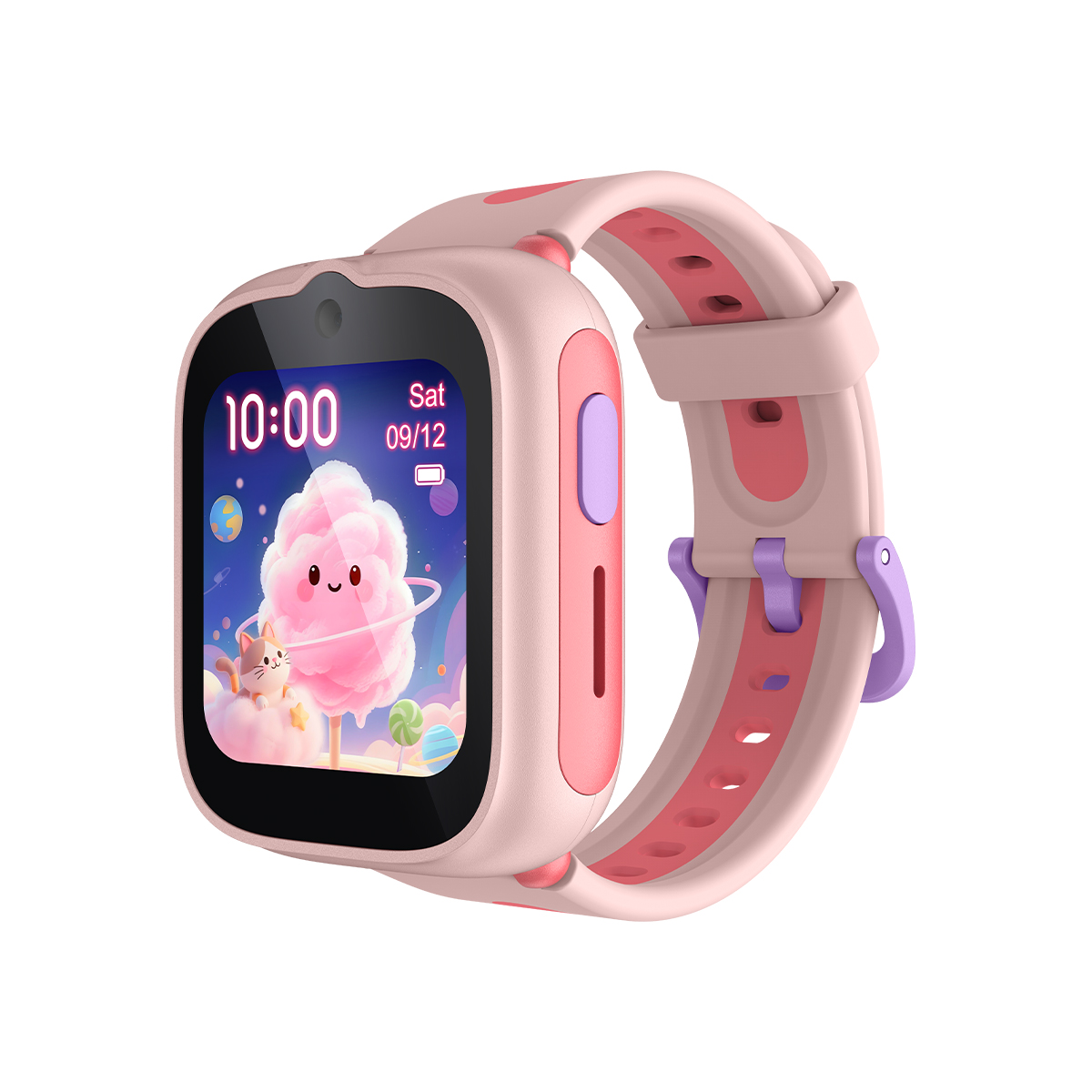 Reloj inteligente rosa para niños con pantalla de dibujos animados, hora y fecha.