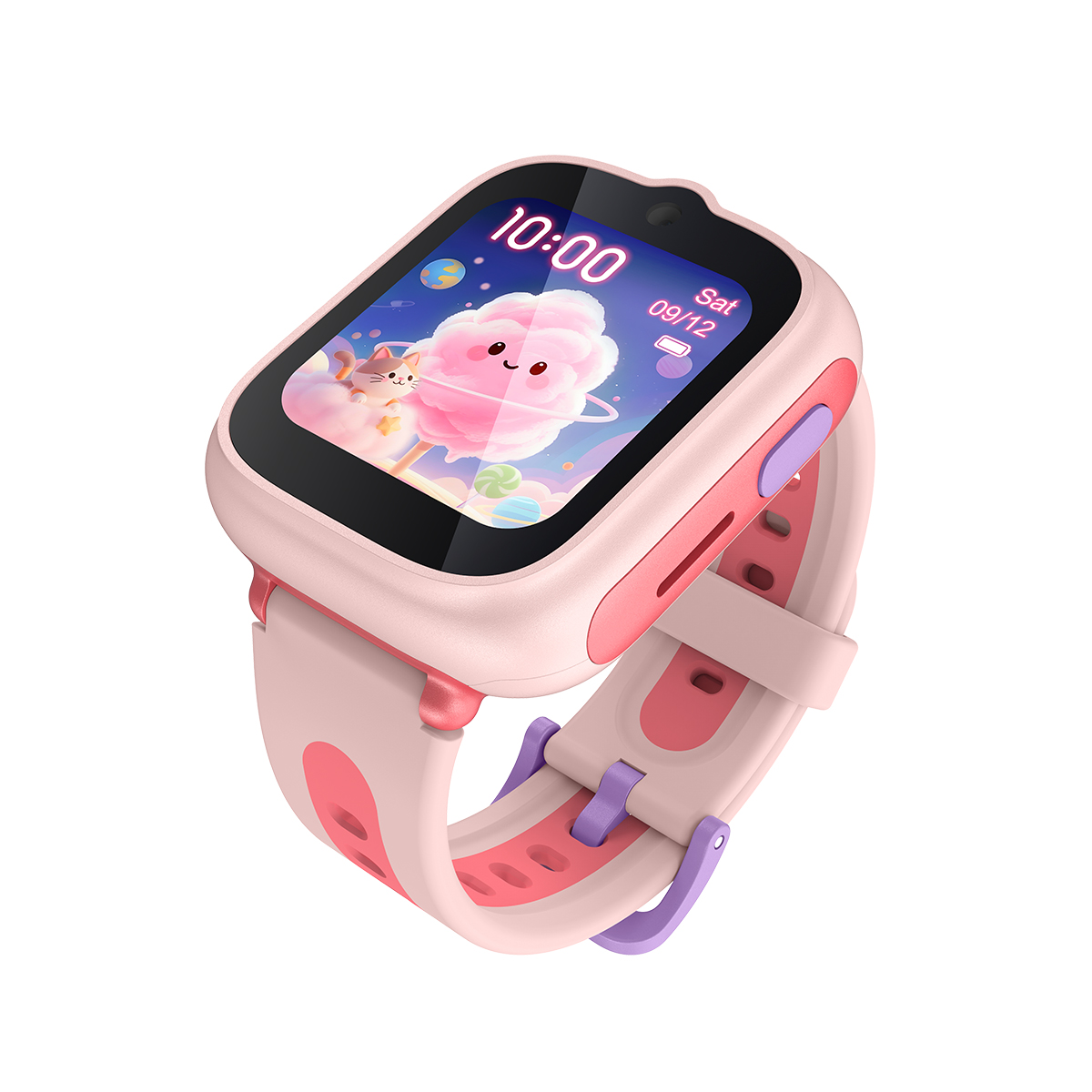 Un smartwatch infantil rosa con gráficos de dibujos animados en pantalla.
