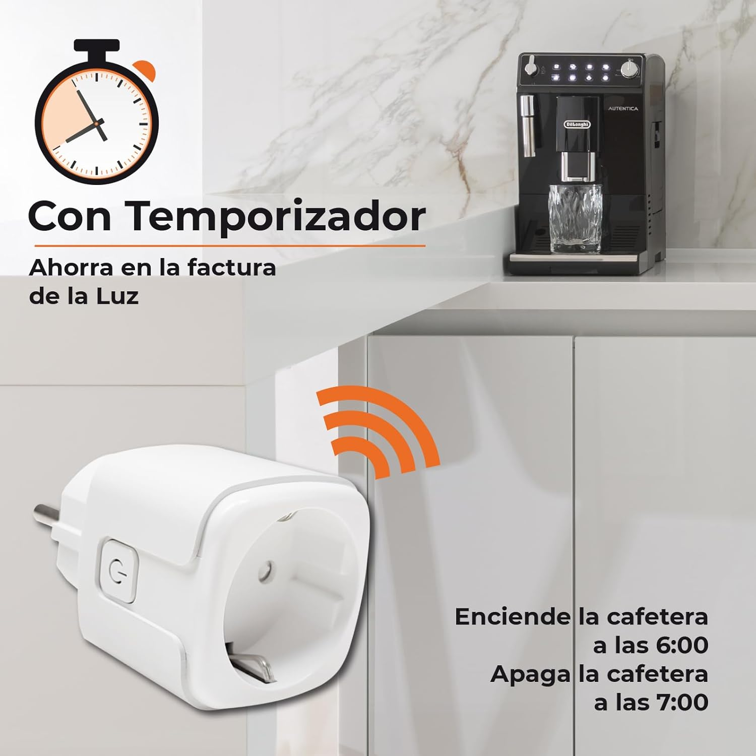 Cafetera con temporizador: enciende a las 6:00 y apaga a las 7:00.
