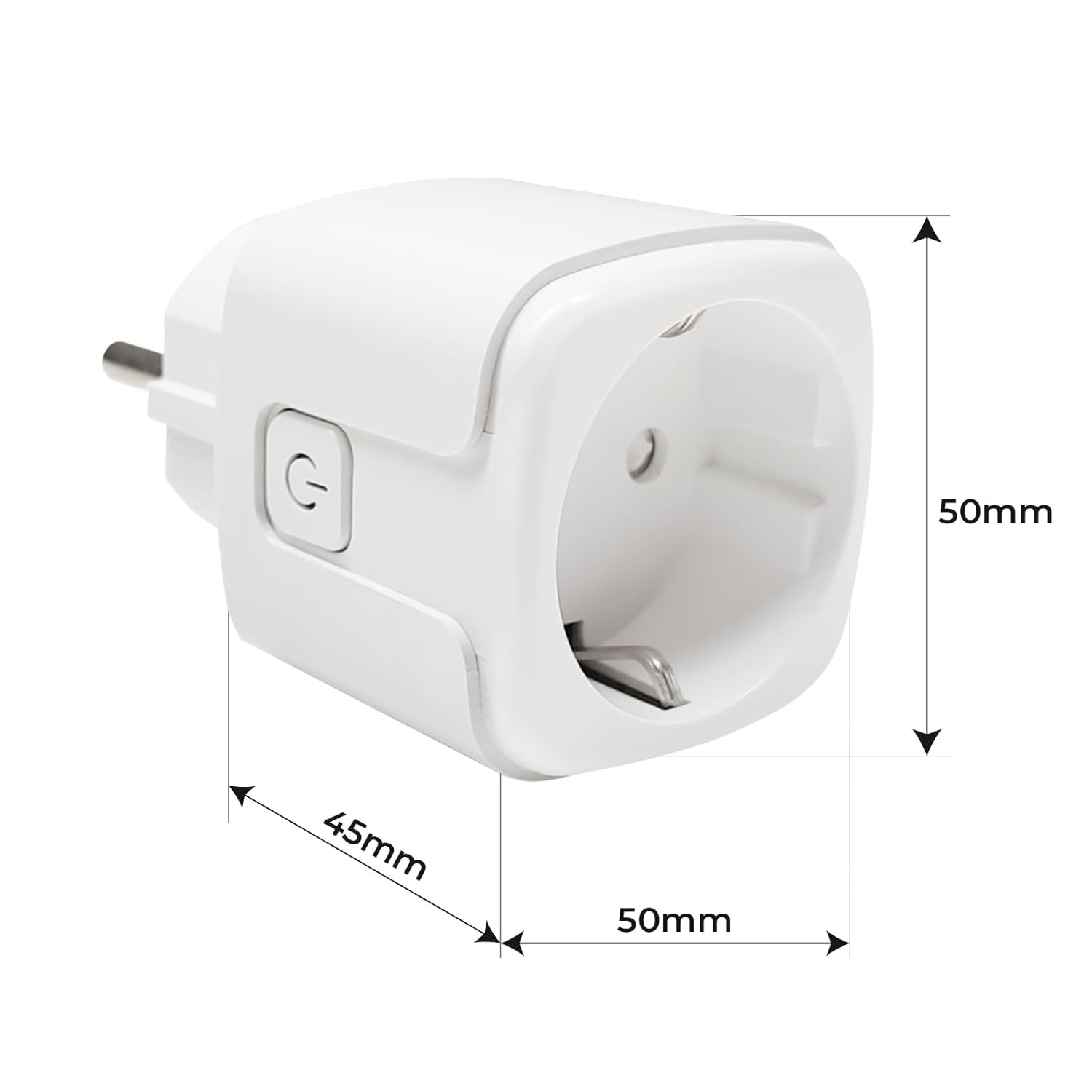 Enchufe inteligente blanco con s0mbolo de encendido y dimensiones.