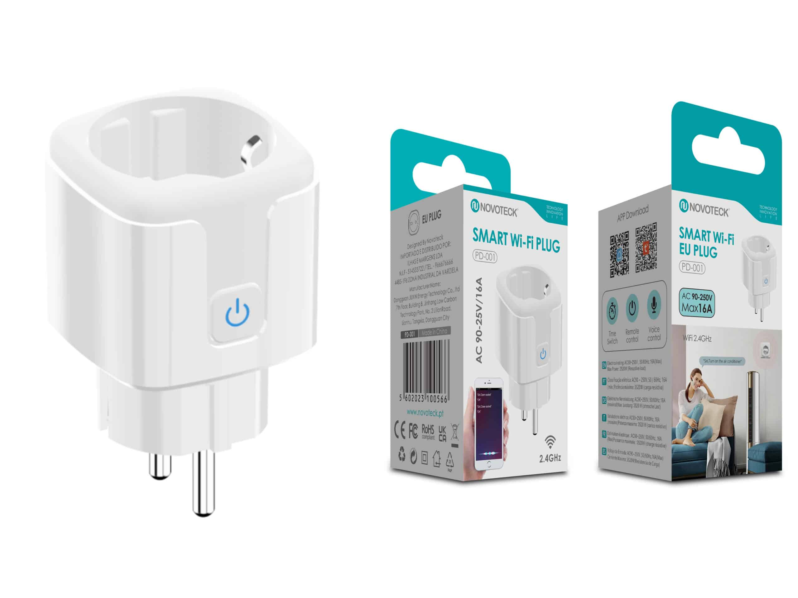 Un enchufe inteligente Novoteck Wi-Fi EU blanco con botón de encendido azul.