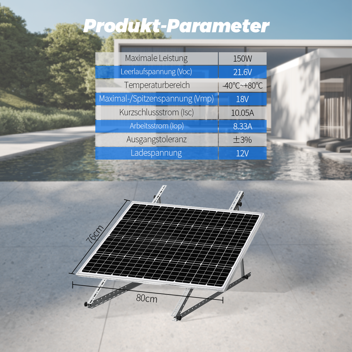 Solarpanel mit technischen Daten: 150W Leistung, 12V Ladespannung, 76x80cm.