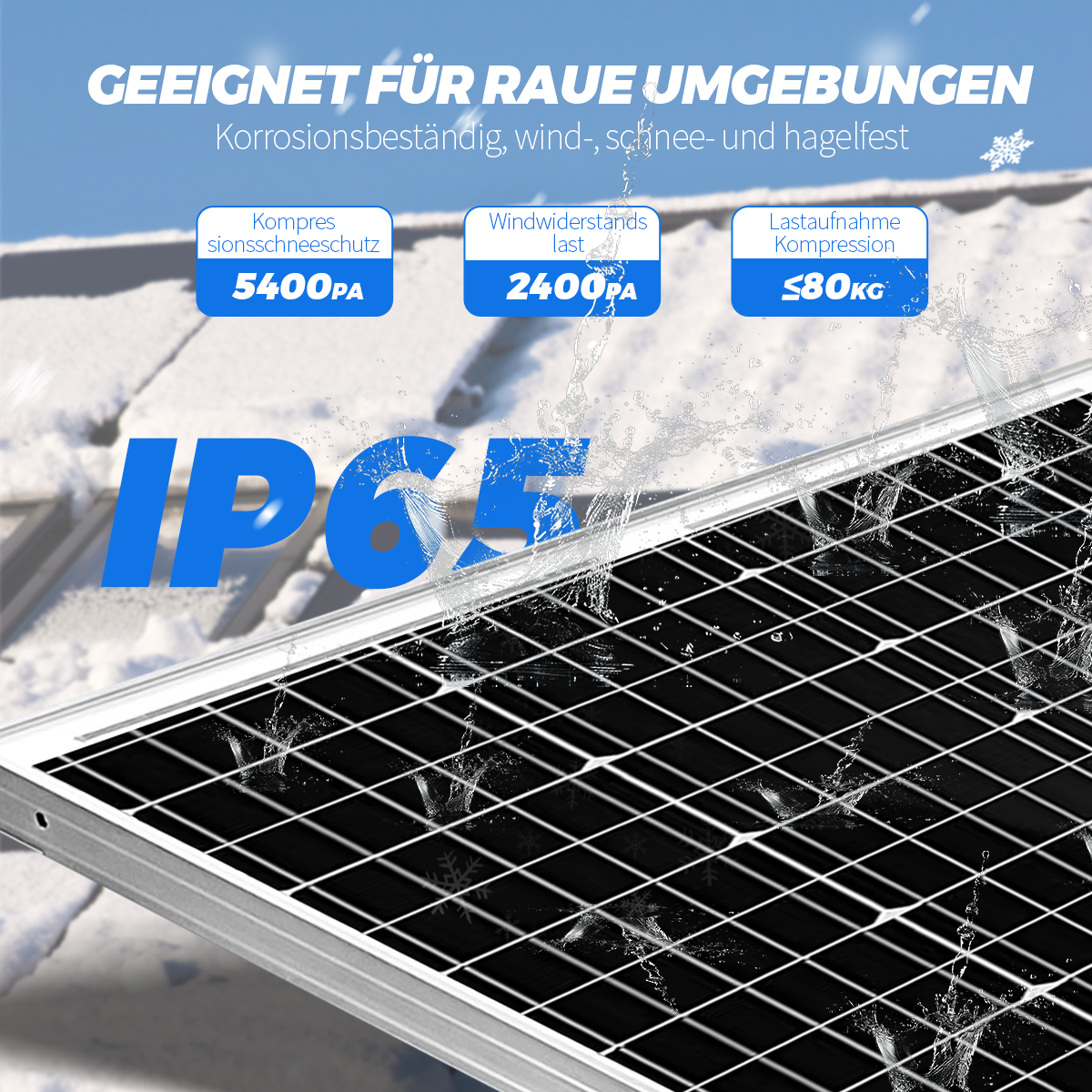 Solarpanel mit IP65-Schutz, beständig gegen Korrosion, Wind, Schnee und Hagel.