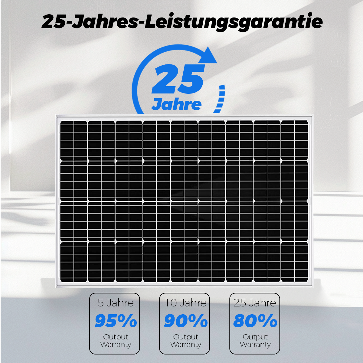 Solarmodul mit 25 Jahren Leistungsgarantie und Garantieangaben für 5, 10 und 25 Jahre.