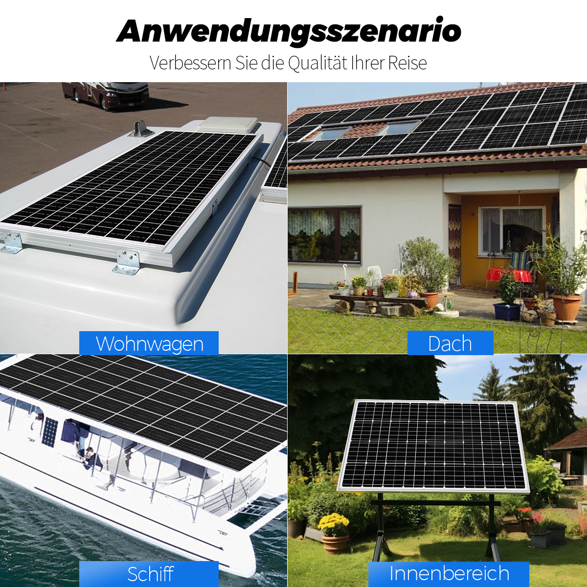 Solarpanels auf Wohnwagen, Hausdach, Schiff und im Innenbereich.