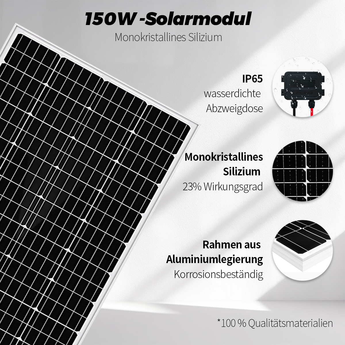 150W Solarmodul, monokristallines Silizium, IP65 Abzweigdose, 23% Wirkungsgrad.