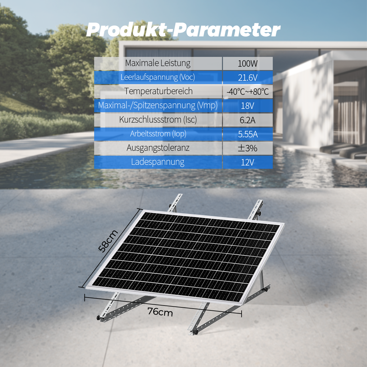 Solarmodul mit technischen Daten und Maßen: 76cm x 58cm.