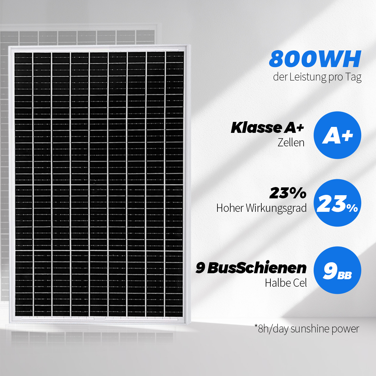 Solarpanel mit Leistungsangaben: 800WH/Tag, Klasse A+, 23% Wirkungsgrad, 9 BusSchienen.