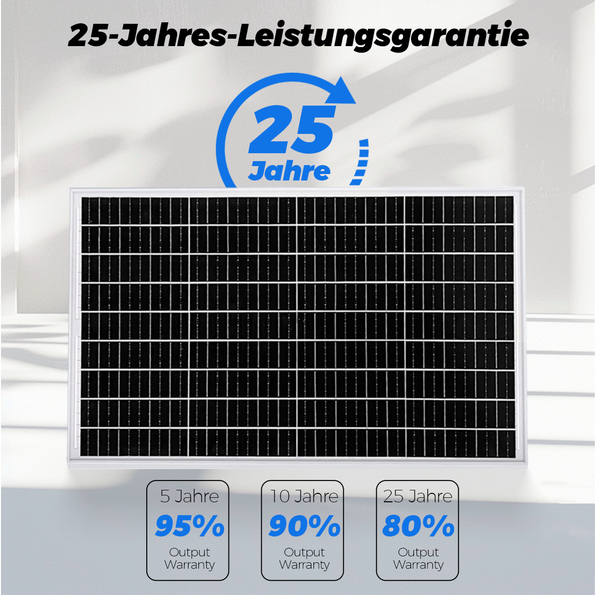 Solarpanel mit 25-Jahres-Garantie und Leistungsdiagrammen.