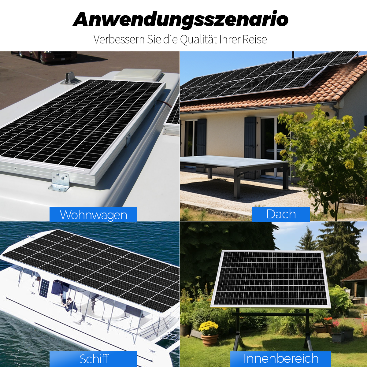 Vier Szenarien: Wohnwagen, Dach, Schiff und Innenbereich mit Solarmodulen.