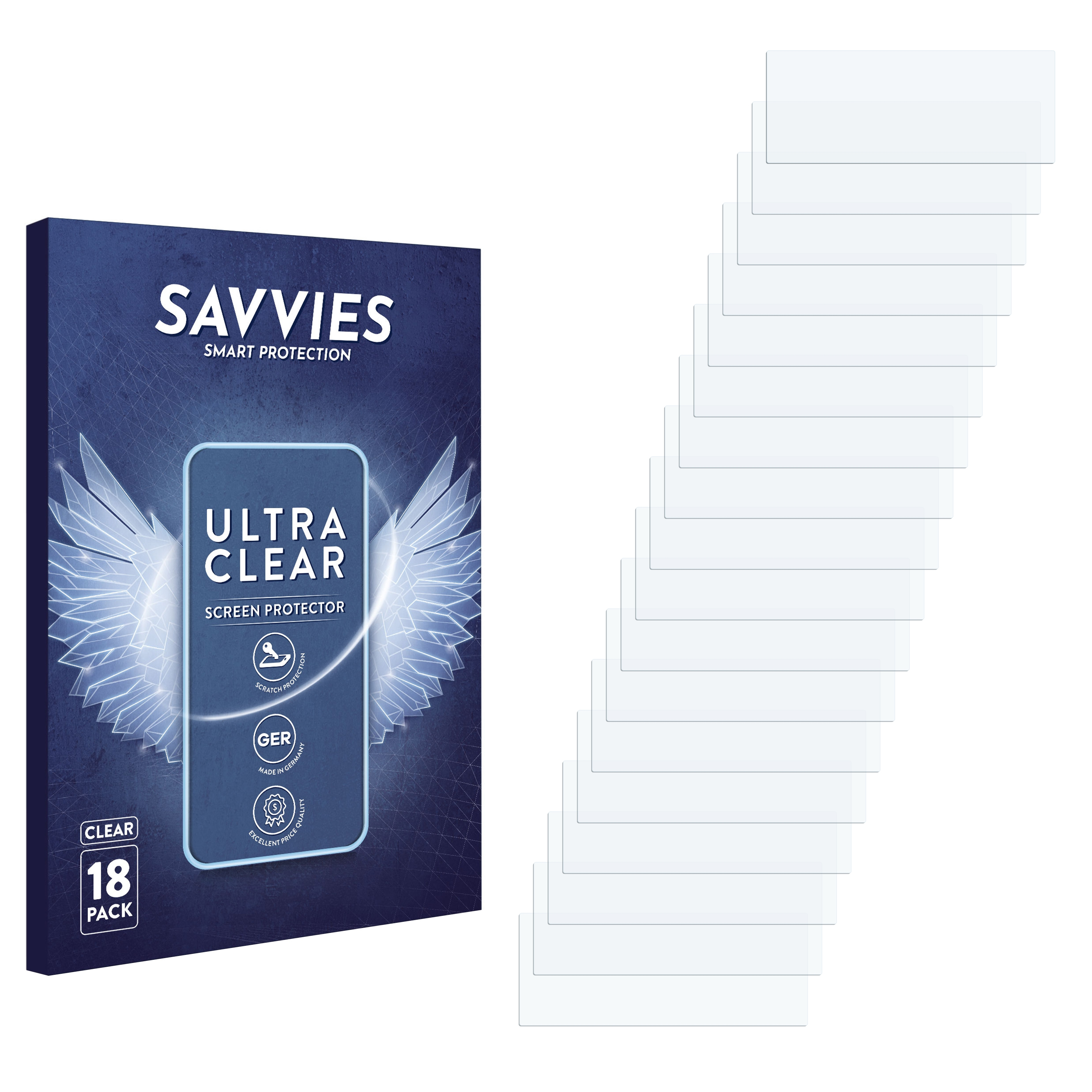 Eine Packung mit 18 Savvies Displayschutzfolien, Ultra Clear, Made in Germany.
