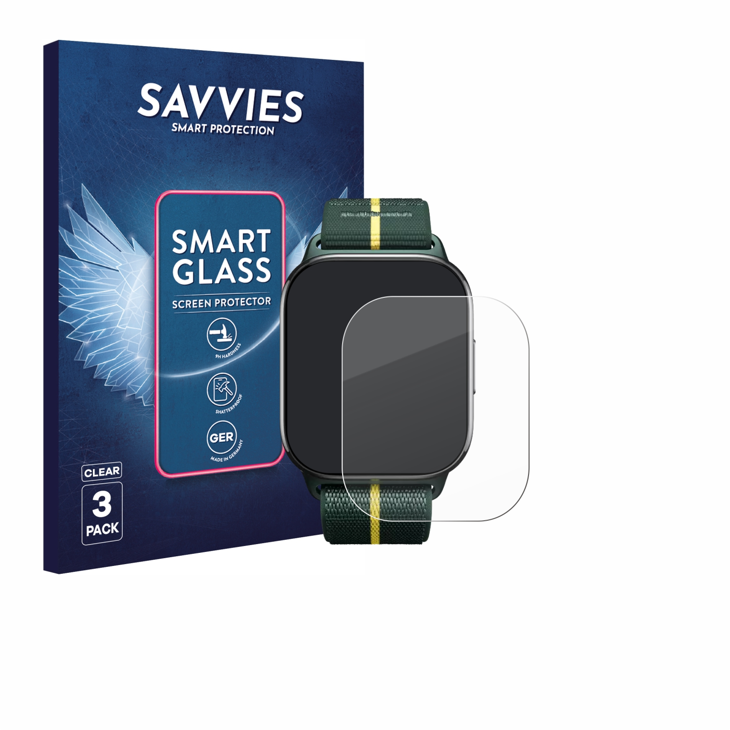 Savvies Smart Glass Displayschutzfolie und Smartwatch mit grünem Band.
