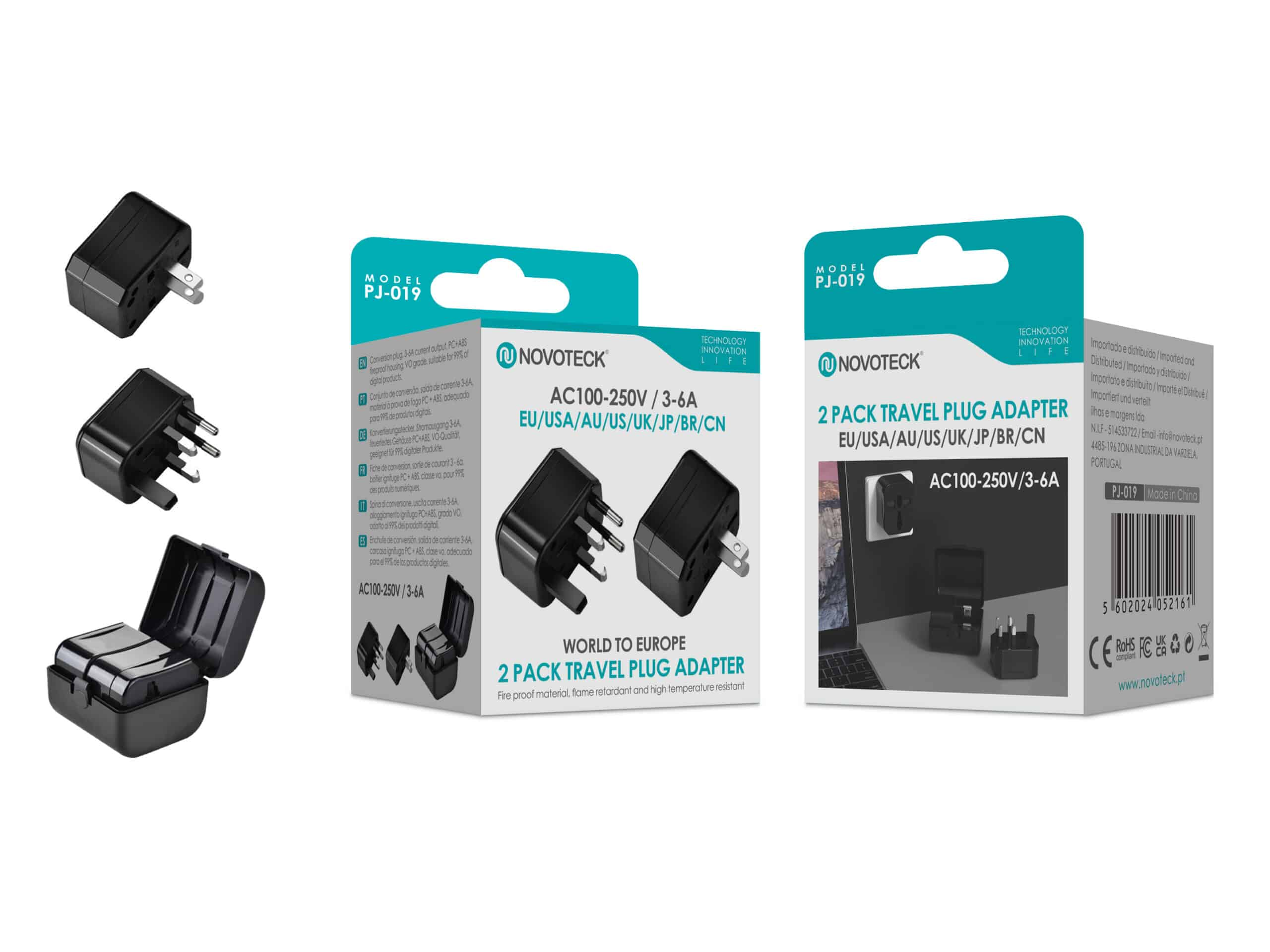 Adaptadores de viaje negros Novoteck PJ-019, paquete de 2, con varios tipos de enchufe.