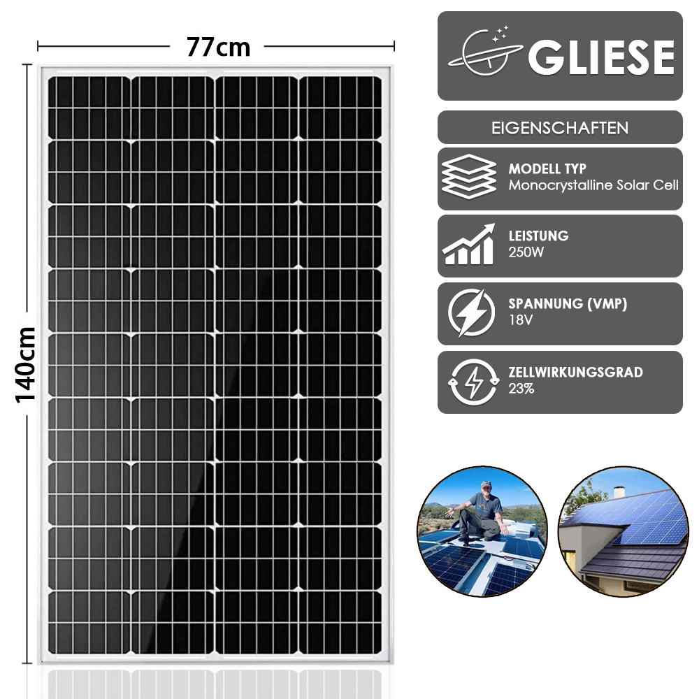 Ein 140x77cm Solarmodul mit schwarzen Zellen und silbernem Rahmen. Technische Daten sind aufgeführt.