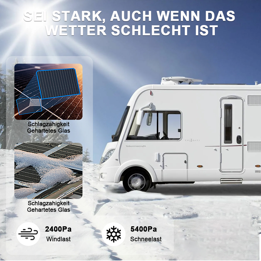 Ein Wohnmobil im Schnee mit Solarmodulen, die Schlagzähigkeit zeigen.