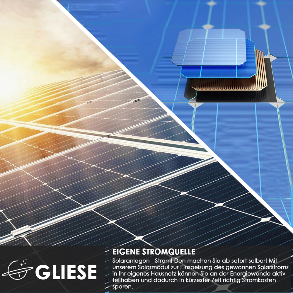 Solarpanels unter blauem Himmel und ein schematischer Aufbau eines Solarmoduls.